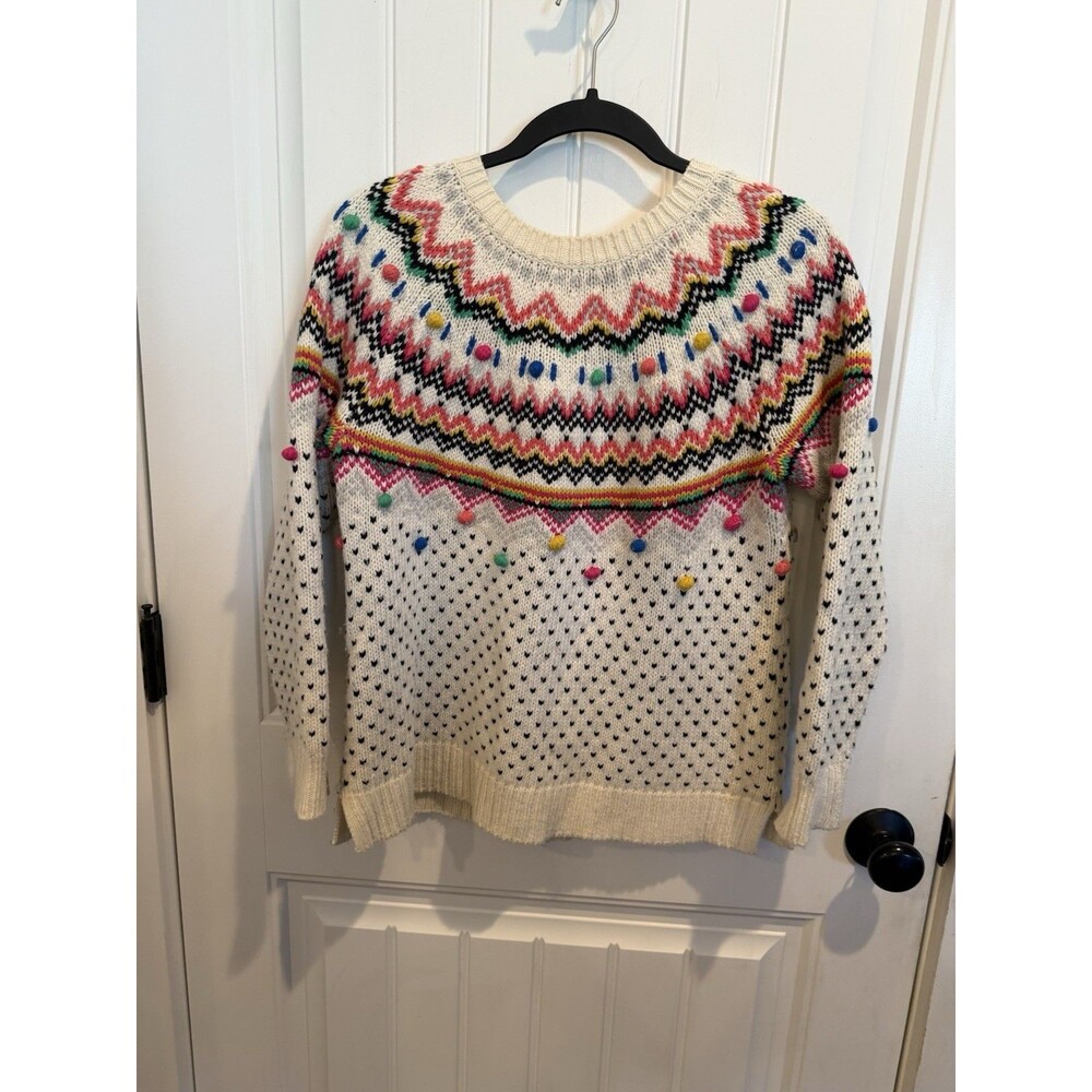 Talbots Petite M  Carnival Fair Isle Pom Pom Wool Blend Faux Back Buttons
